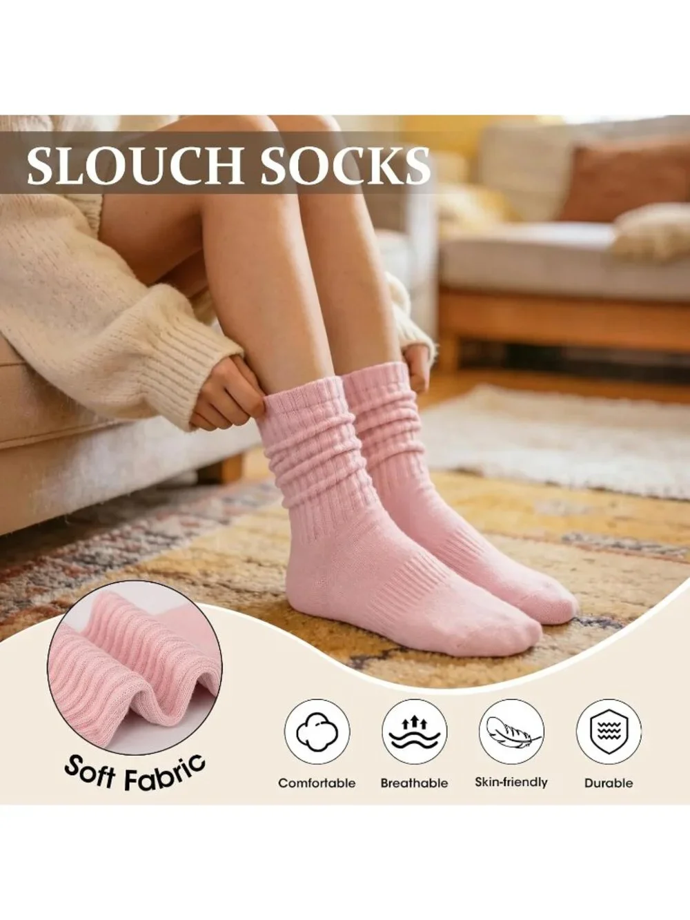 🧦Women's Pink White 5 Pair Slouchy Socks Slouch Cotton Crew Scrunch Socks